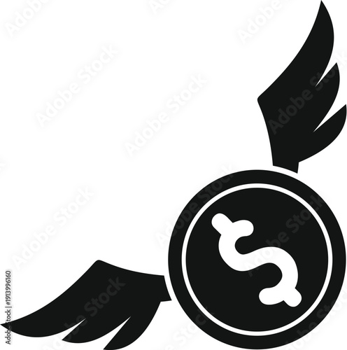 Dollar coin with wings representing money loss and rapidly decreasing finances