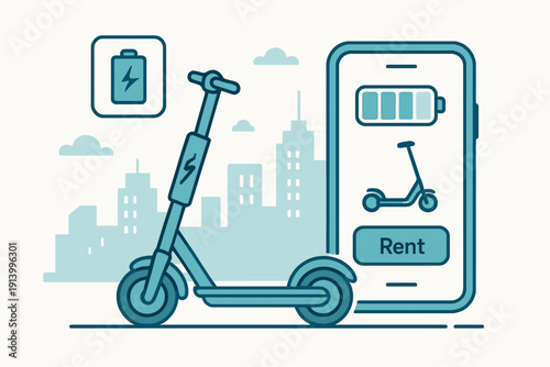 Electric Scooter Rental App Concept with Cityscape Background.