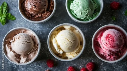 Assorted ice cream flavors in bowls on a gray surface with raspberries and mint leaves