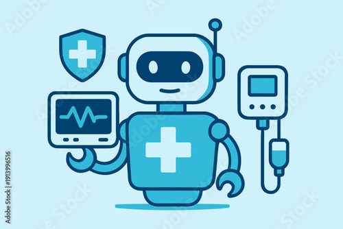 Medical Robot Assisting with Healthcare Holding Monitor and IV Drip.