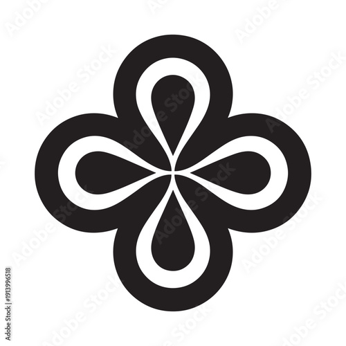 A minimalist black and white floral design featuring four interconnected petals