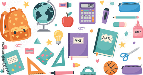 School Supplies Vector Set with Backpack Books Calculator Globe Ruler Scissors Glue and Stationery Icons for Education Classroom and Back to School Design