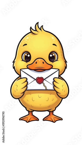 Adorable yellow chick holding an envelope with a heart symbol.