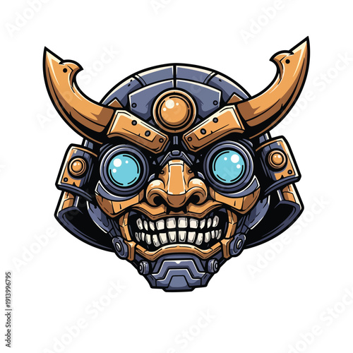 Futuristic Cyberpunk Oni Mask Logo. Mechanical Japanese Samurai Helmet Head with Glowing Blue Eyes.
