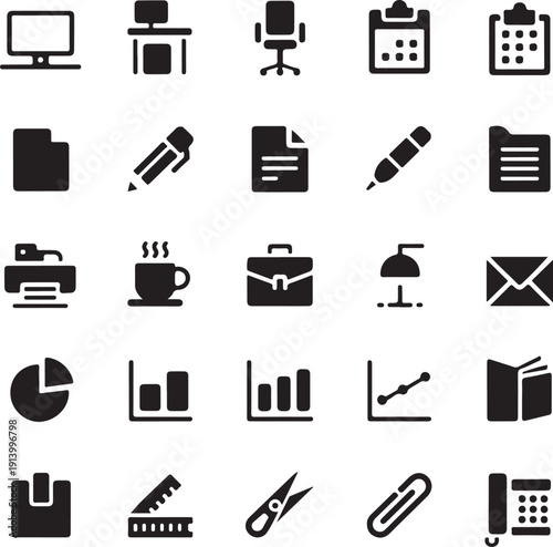 collection of office supplies and business icons on white background