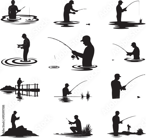 collection of silhouettes of men fishing in various positions on land and in water