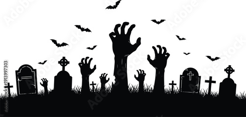 Black silhouette of zombie hands reaching from graveyard, spooky Halloween night with bats and tombstones, cad drawing flat vector illustration.