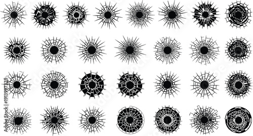 Black silhouette set of broken glass shards and bullet holes, cracked window texture icons, cad drawing flat vector illustration, isolated.