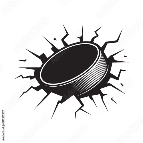 A black hockey puck breaks through a cracked surface with radiating fissures