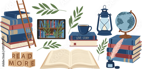 Reading and Book Lover Vector Illustration Set with Library Books, Open Novel, Globe, Lantern, Coffee Cup and Literary Study Elements for Education Designs