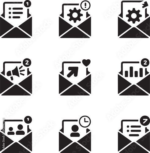 email icons with various notifications and settings in envelopes