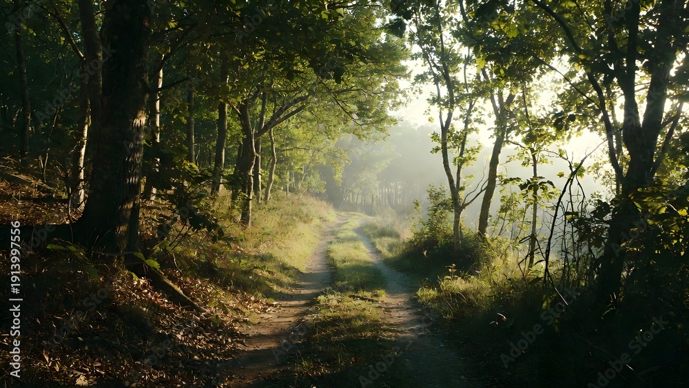Obraz premium Sunlit Woodland Trail Winding Through Dense Green Trees