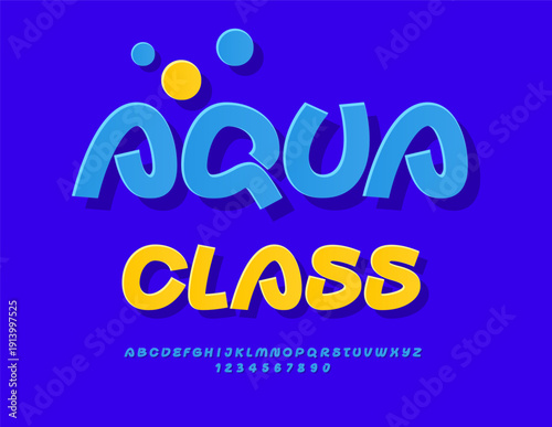 Vector recreational emblem Aqua Class. Unique Blue Sticker Font. Bright set of Cool Alphabet Letters and Numbers.