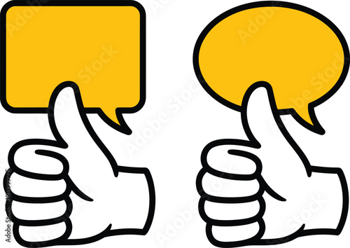 Two thumbs up gestures with yellow speech bubbles for feedback or comments