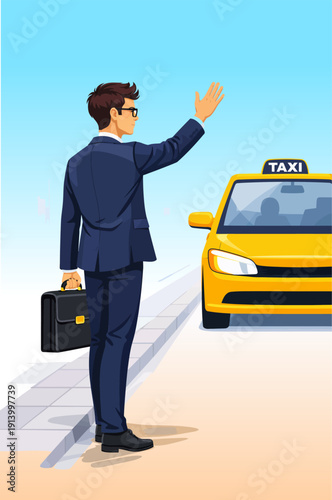 068-12-Businessman in suit holding a briefcase, hailing a yellow taxi on the street