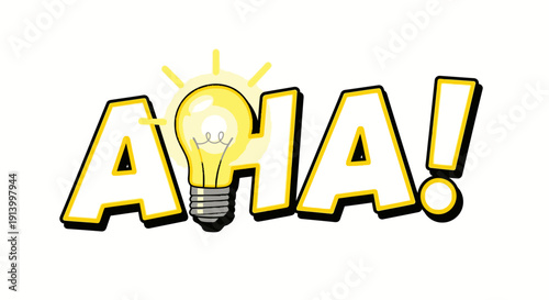 AHA! text with glowing lightbulb illustrating a sudden idea