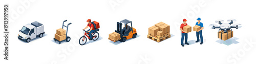 Various delivery methods: truck, hand truck, bicycle, forklift, drone, and delivery men