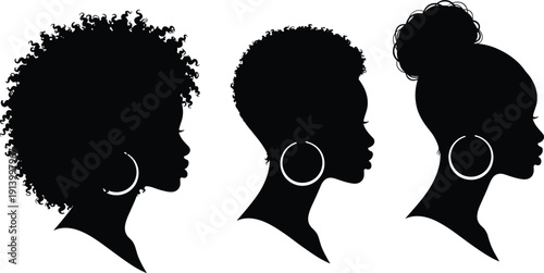 Black silhouette of African American woman profile with curly afro hair and hoop earrings, cad drawing flat vector illustration, isolated.