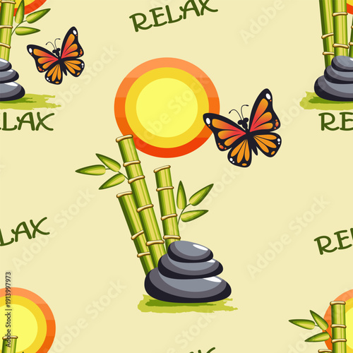Seamless spa pattern in Zen style on a soft yellow background with the text "relax"