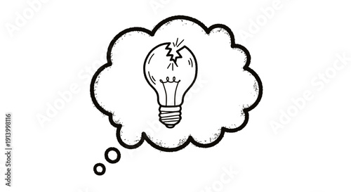 Broken lightbulb in a hand-drawn thought bubble illustration