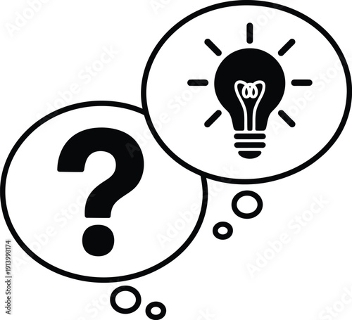 Question mark and light bulb thought bubbles, concept of problem solving, idea generation, and innovation icon