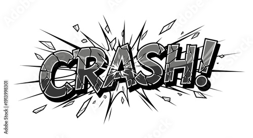 Comic book sound effect CRASH! with shattered text explosion