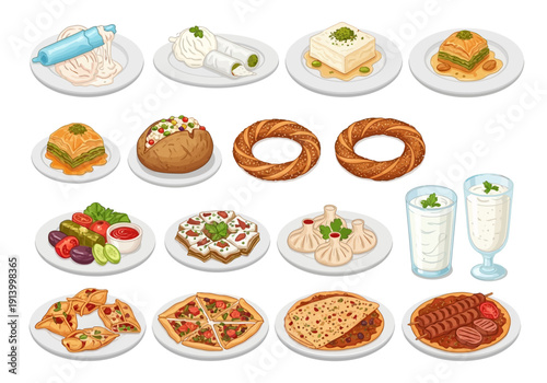 Authentic Turkey Cuisine Dishes Flat Vector Illustration