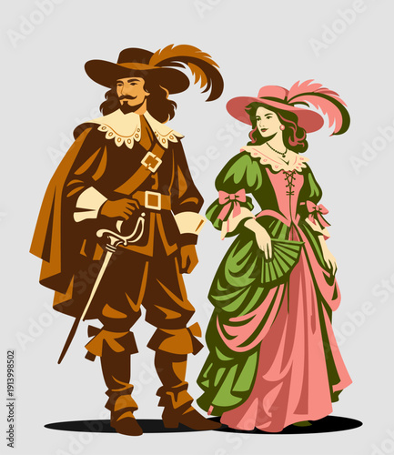 068-17-Noble couple dressed in historical baroque costume with feathered hats and sword