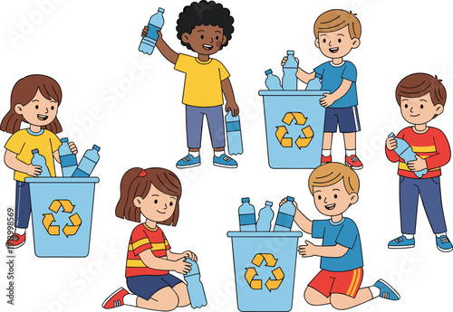 Diverse Child Characters Recycling Plastic Water Bottles in Blue Bins for Environmental Awareness, Sustainability Education, and Green Living Illustration