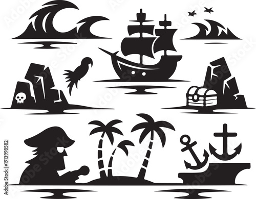 Pirate themed black silhouettes on white background