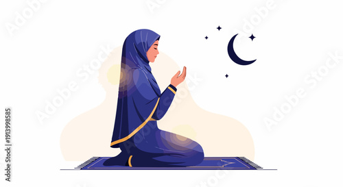 Illustration of a woman in a blue hijab praying on a mat with a crescent moon and stars in the background.