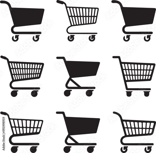 set of black shopping carts on white background