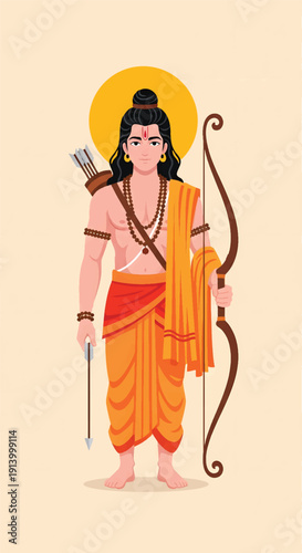 Lord Rama Illustration with Bow and Arrow - Hindu God Vector Art