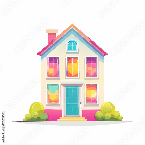 Charming Cartoon House with Pink Accents and Lush Greenery