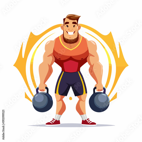 Muscular fitness enthusiast showcasing strength and healthy lifestyle with kettlebells, radiating positive energy and determination for an active workout