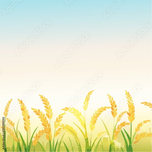 Golden ears of wheat swaying gently in the warm summer breeze under a clear sky
