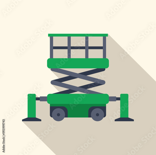 Green aerial work platform elevating workers for maintenance and building tasks