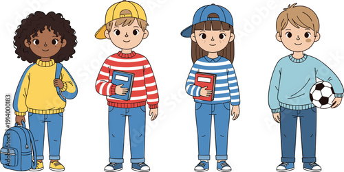 Diverse Modern School Student Characters with Backpacks, Notebooks, and Soccer Ball for Education, Learning, and K-12 School Illustration