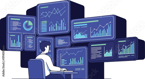 Analyst examining data on multiple screens displaying various charts and graphs