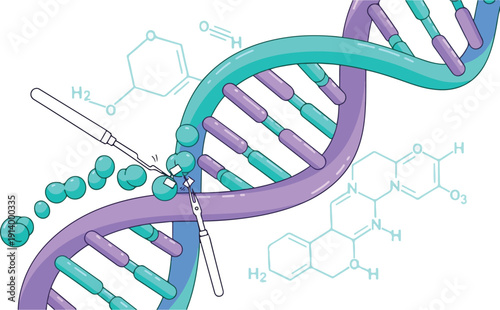 Scientific Illustration of DNA Structure with Pipette and Molecules