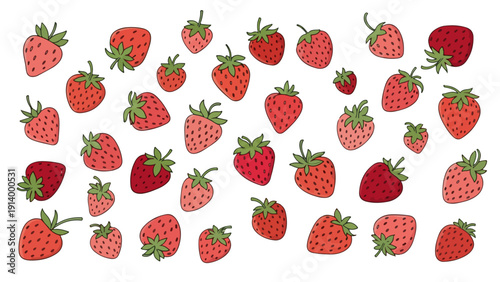Scattered arrangement of fresh, ripe strawberries in various sizes and shades of red, with green leaves and stems, depicted in a lively illustration.