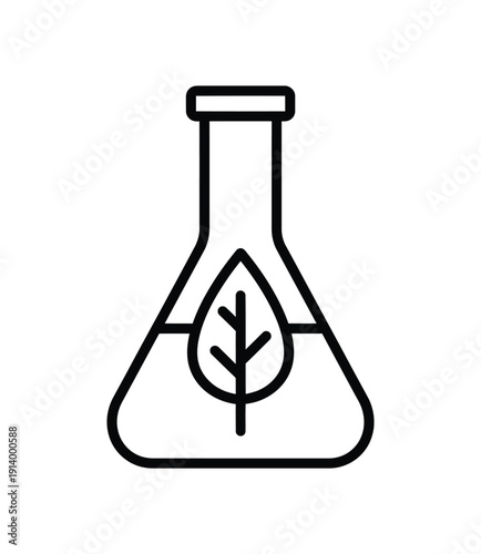 Simple line art icon of a laboratory flask containing a leaf symbol inside isolated on a transparent background