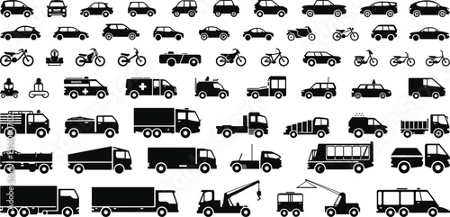 Vehicle silhouettes collection transport automobile truck bike emergency construction delivery service icons set