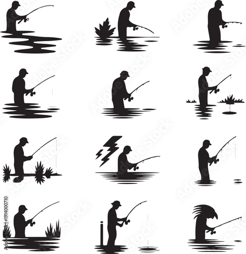 Silhouette of a man fishing in various poses on a white background