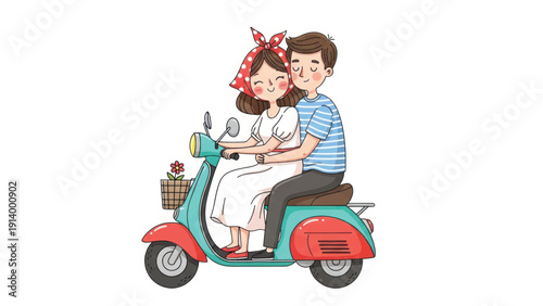 Happy family riding a red scooter together with a young girl on board.