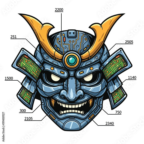 Cybernetic Samurai Mask Illustration. Futuristic Japanese Warrior Helmet with Electronic Circuitry and Cyberpunk Details.