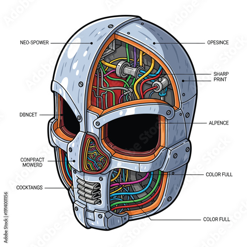 Detailed Cutaway Robot Head Mask Illustration. Futuristic Cyborg Skull with Complex Internal Wiring and Colorful Electronic Components.