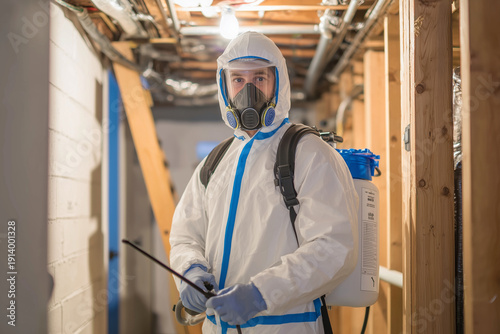 Technician in protective gear performing disinfection treatment in basement
