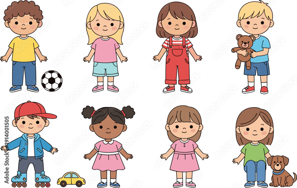 Fototapeta premium Set of Diverse Child Characters with Hobbies Including Soccer, Roller Skating, and Pets for Early Childhood Education and Lifestyle Illustration
