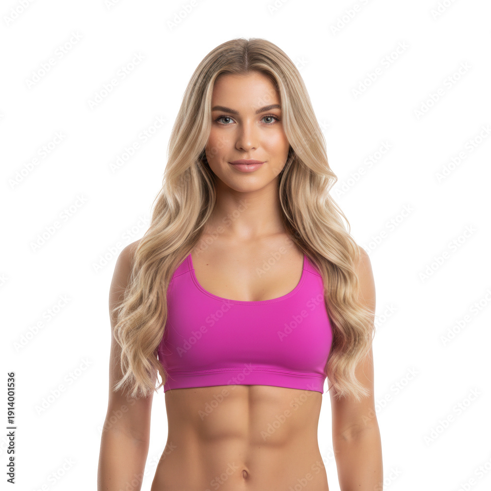 Obraz premium Beautiful blonde woman in pink sports top portrait